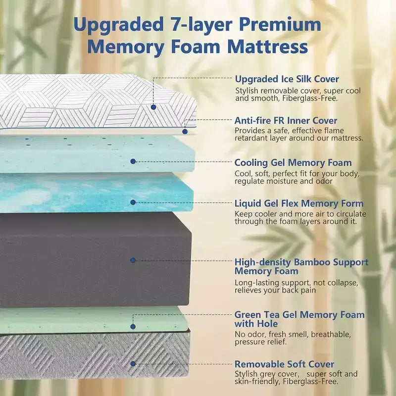 Matelas en mousse à mémoire de forme rafraîchissant Dyonery, fermeté double face avec housse en soie glacée, lit en gel thé vert pour le soutien du sommeil