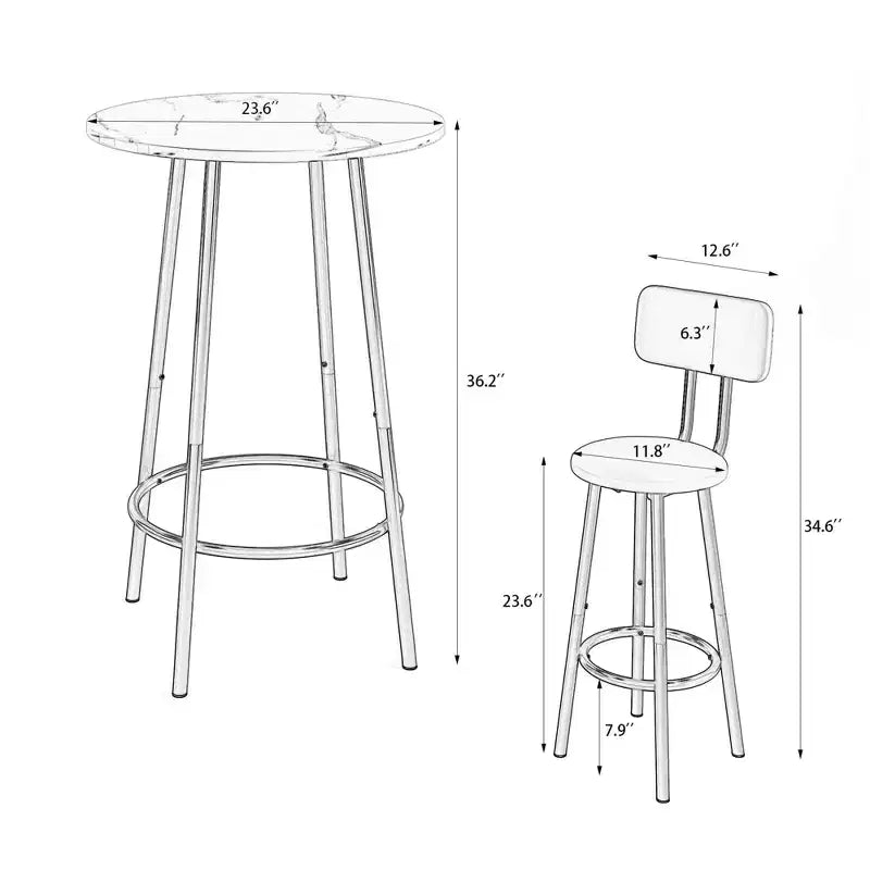 Ensemble bistrot moderne 3 pièces, table de bar ronde avec séparation et tabourets à dossier, ensemble table de pub pour cuisine ou coin petit-déjeuner blanc