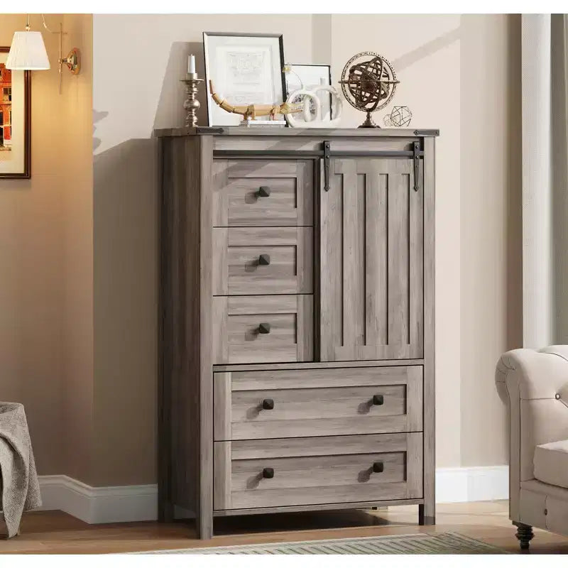 GarveeHome Farmhouse 5-Drawer Dresser, 48 Tall Wood Chest with Sliding Barn Door & Adjustable Shelf, Storage Organizer, Grey