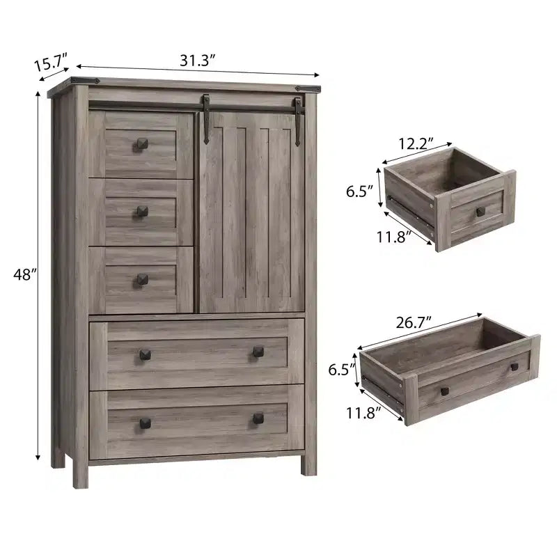 Commode de Ferme à 5 Tiroirs GarveeHome, Commode Haute en Bois de 48" avec Porte Coulissante de Grange et Étagère Réglable, Organisateur de Rangement, Gris