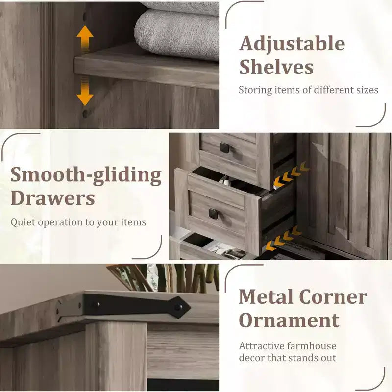 Commode de Ferme à 5 Tiroirs GarveeHome, Commode Haute en Bois de 48" avec Porte Coulissante de Grange et Étagère Réglable, Organisateur de Rangement, Gris
