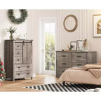 Commode de Ferme à 5 Tiroirs GarveeHome, Commode Haute en Bois de 48" avec Porte Coulissante de Grange et Étagère Réglable, Organisateur de Rangement, Gris