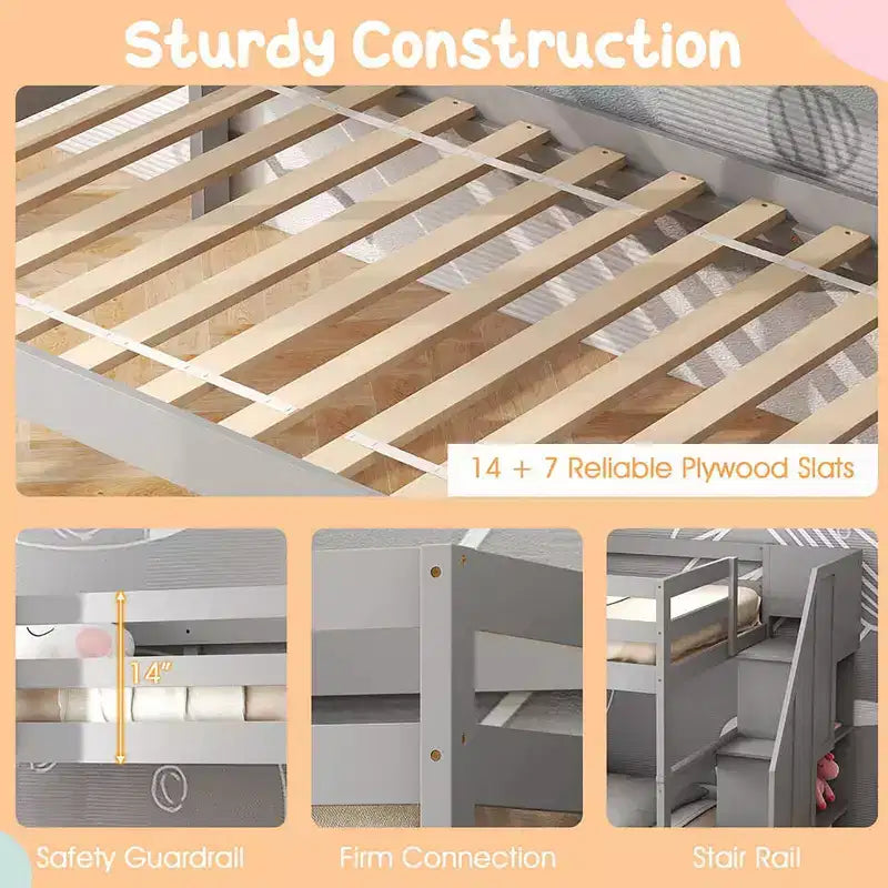 Costway Lit superposé double en bois avec tiroir-lit, escalier de rangement convertible