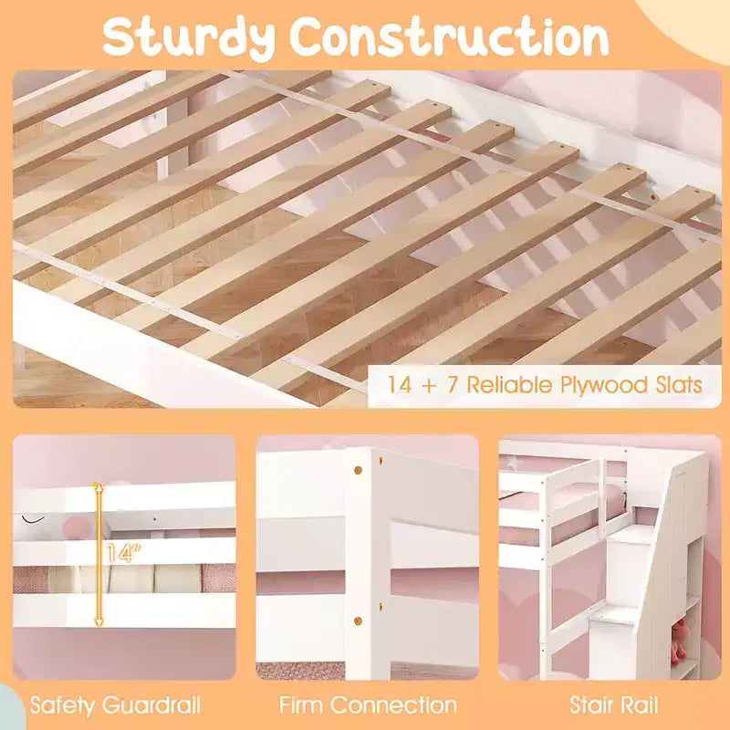 Costway Lit superposé double en bois avec tiroir-lit, escalier de rangement convertible
