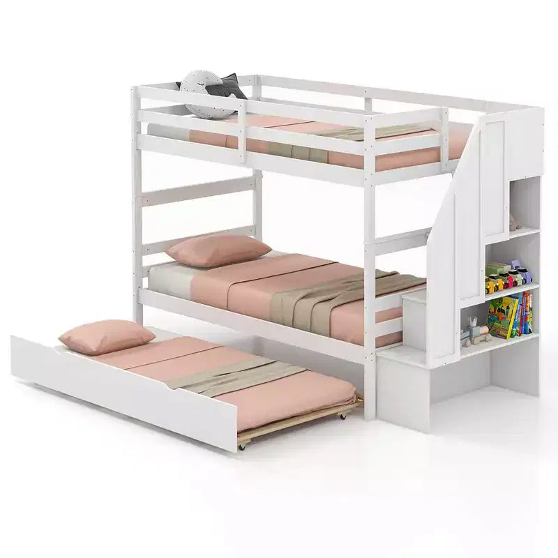 Costway Lit superposé double en bois avec tiroir-lit, escalier de rangement convertible