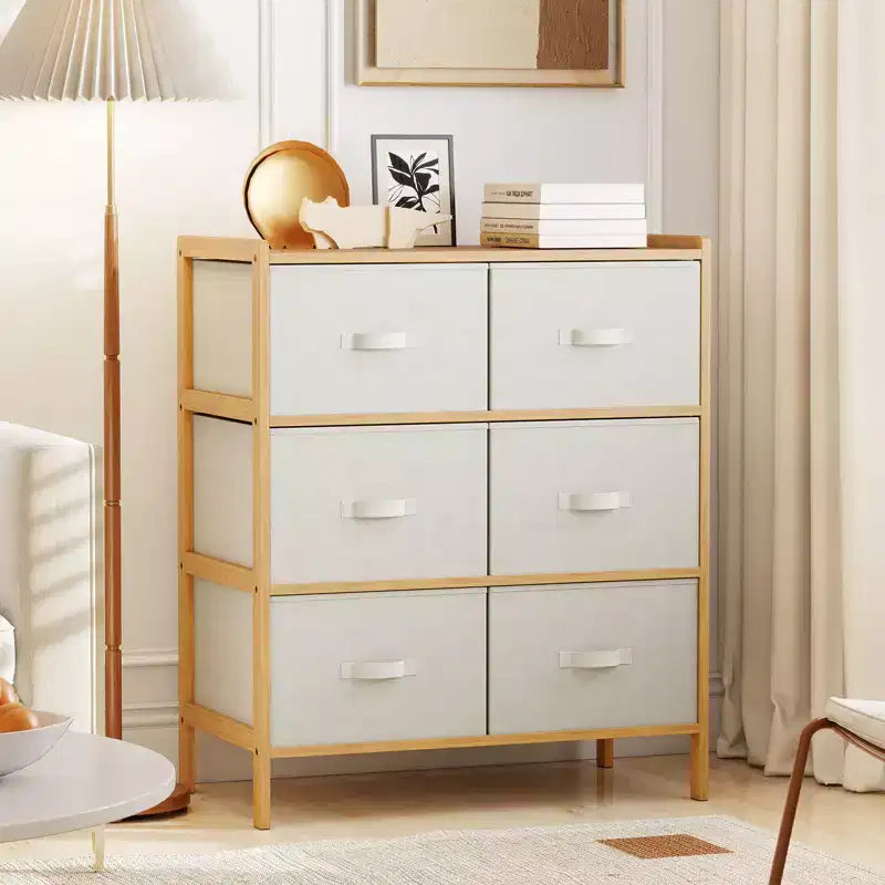 Commode en tissu Costway avec 6 tiroirs, tour de rangement en bambou avec 6 bacs de rangement pliables en tissu