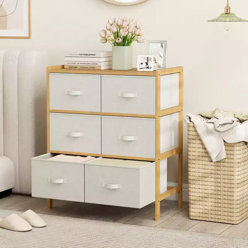 Commode en tissu Costway avec 6 tiroirs, tour de rangement en bambou avec 6 bacs de rangement pliables en tissu