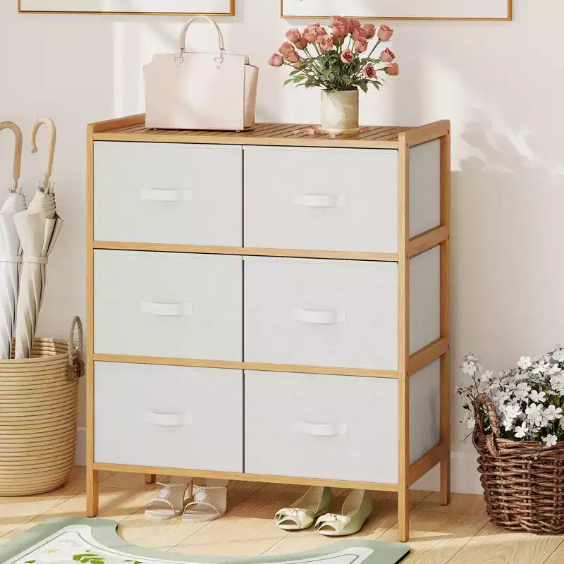 Commode en tissu Costway avec 6 tiroirs, tour de rangement en bambou avec 6 bacs de rangement pliables en tissu