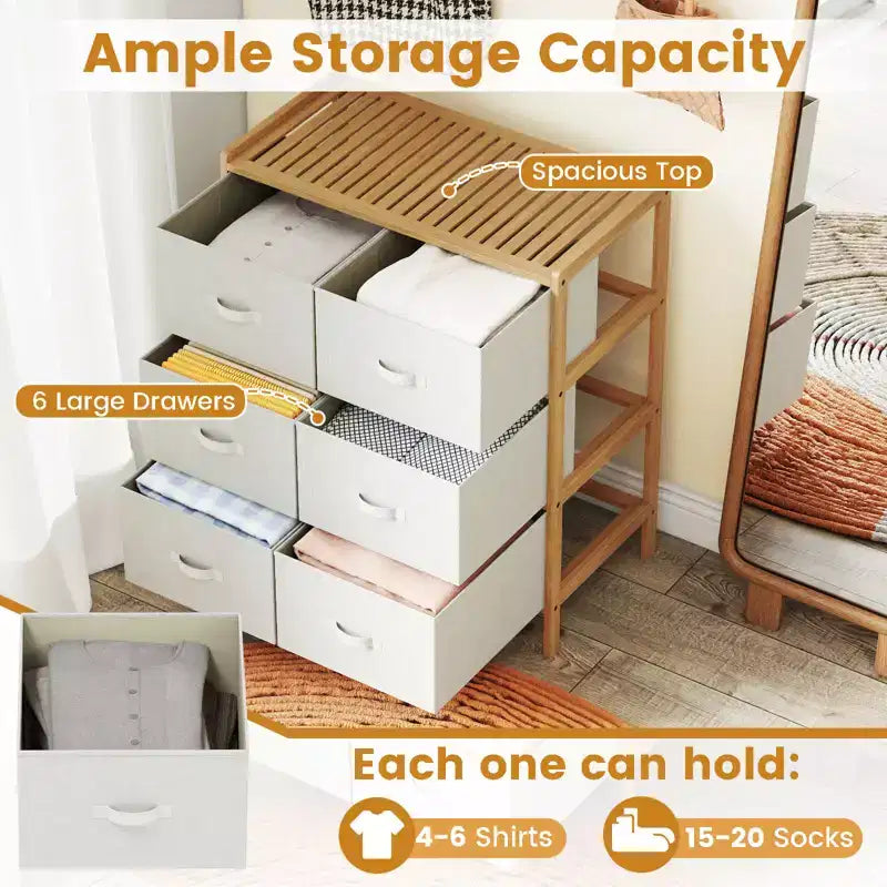 Commode en tissu Costway avec 6 tiroirs, tour de rangement en bambou avec 6 bacs de rangement pliables en tissu