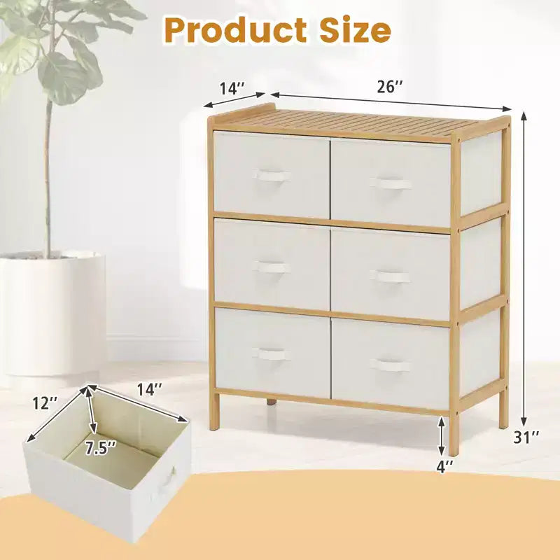 Commode en tissu Costway avec 6 tiroirs, tour de rangement en bambou avec 6 bacs de rangement pliables en tissu