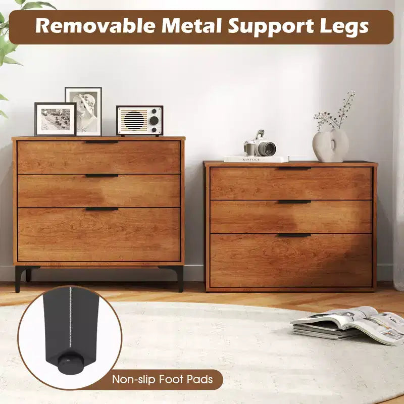 Commode à 3 tiroirs Costway avec pieds de support en métal et kit anti-basculement pour chambre à coucher, couleur cerisier