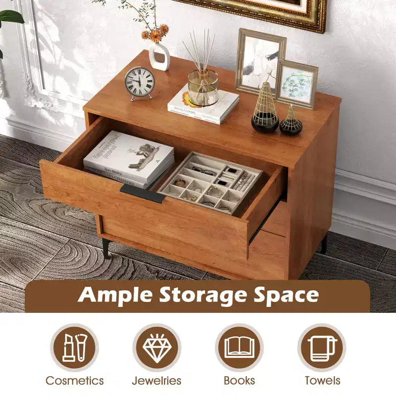 Commode à 3 tiroirs Costway avec pieds de support en métal et kit anti-basculement pour chambre à coucher, couleur cerisier