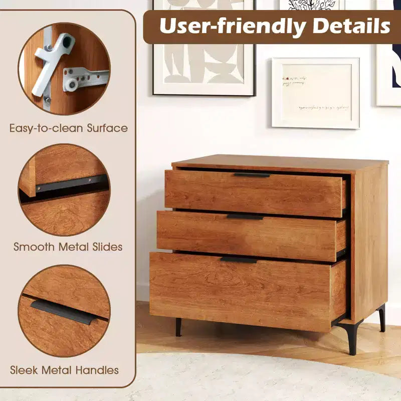 Commode à 3 tiroirs Costway avec pieds de support en métal et kit anti-basculement pour chambre à coucher, couleur cerisier
