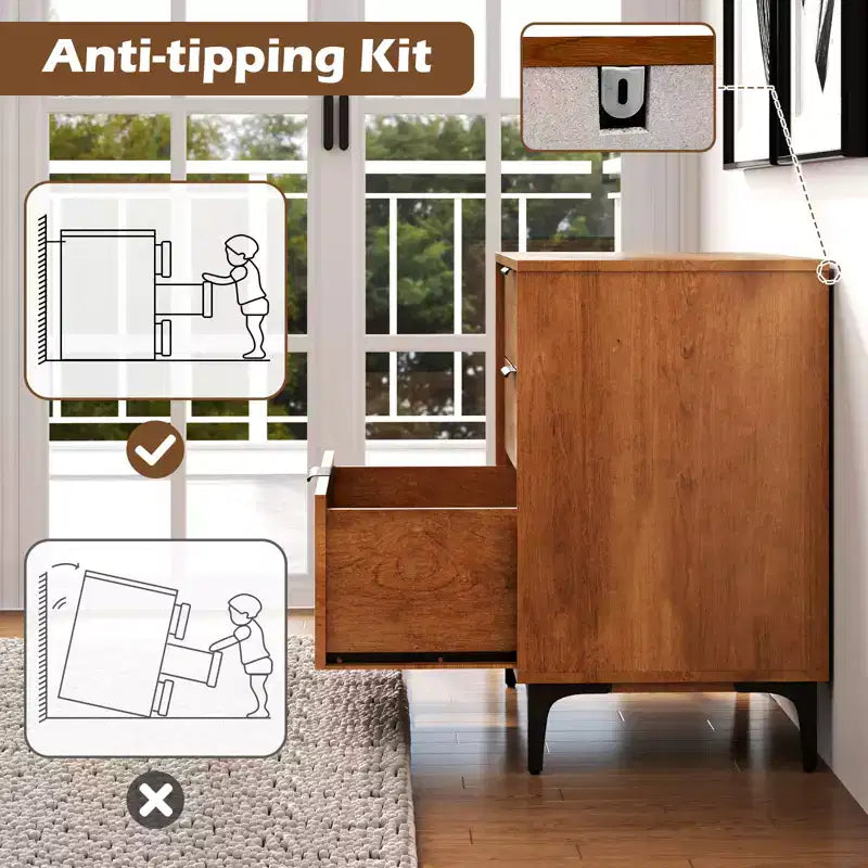 Commode à 3 tiroirs Costway avec pieds de support en métal et kit anti-basculement pour chambre à coucher, couleur cerisier