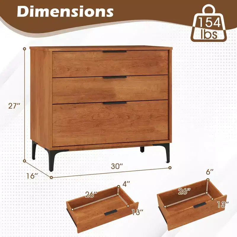 Commode à 3 tiroirs Costway avec pieds de support en métal et kit anti-basculement pour chambre à coucher, couleur cerisier