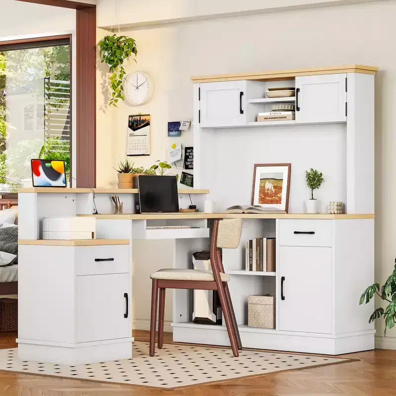 Bureau de jeu en L Bellemave avec prise, tiroirs, étagère, bureau d'étude en L pour coin