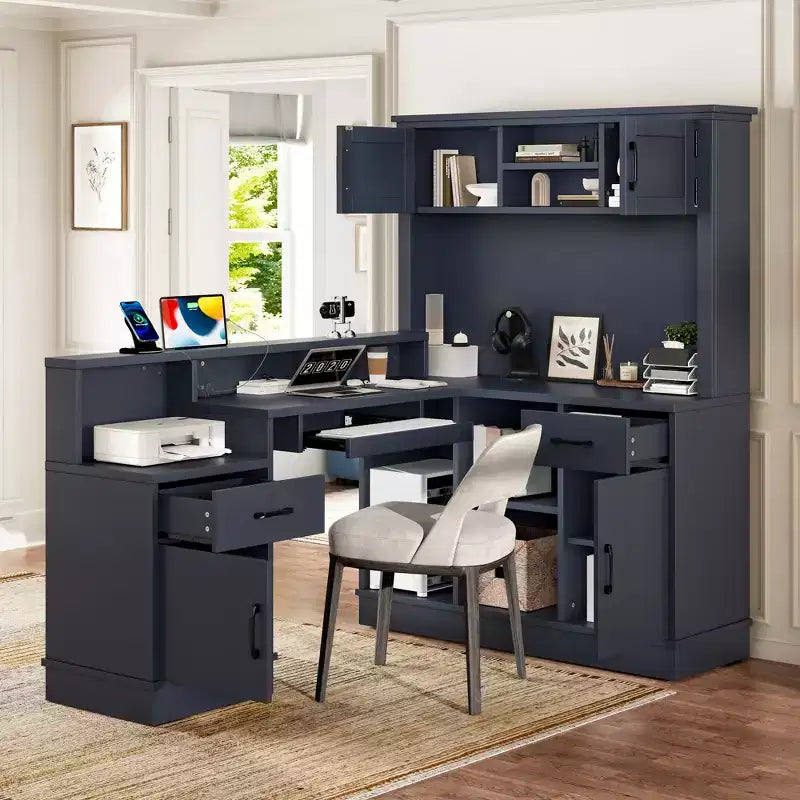 Bureau de jeu en L Bellemave avec prise, tiroirs, étagère, bureau d'étude en L pour coin