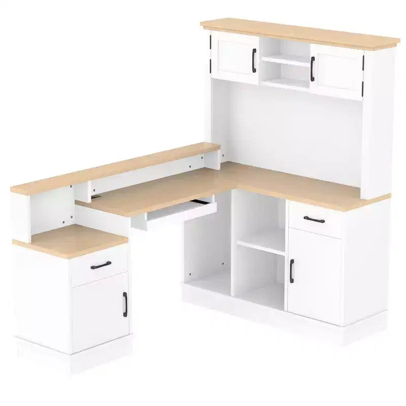 Bureau de jeu en L Bellemave avec prise, tiroirs, étagère, bureau d'étude en L pour coin