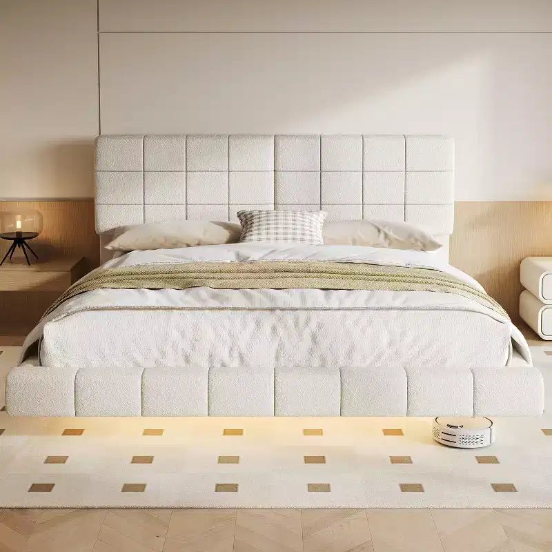 Queen/King Size Upholstered Platform Bed Frame Floating Bed with Light & Headboard, White - ModernLuxe