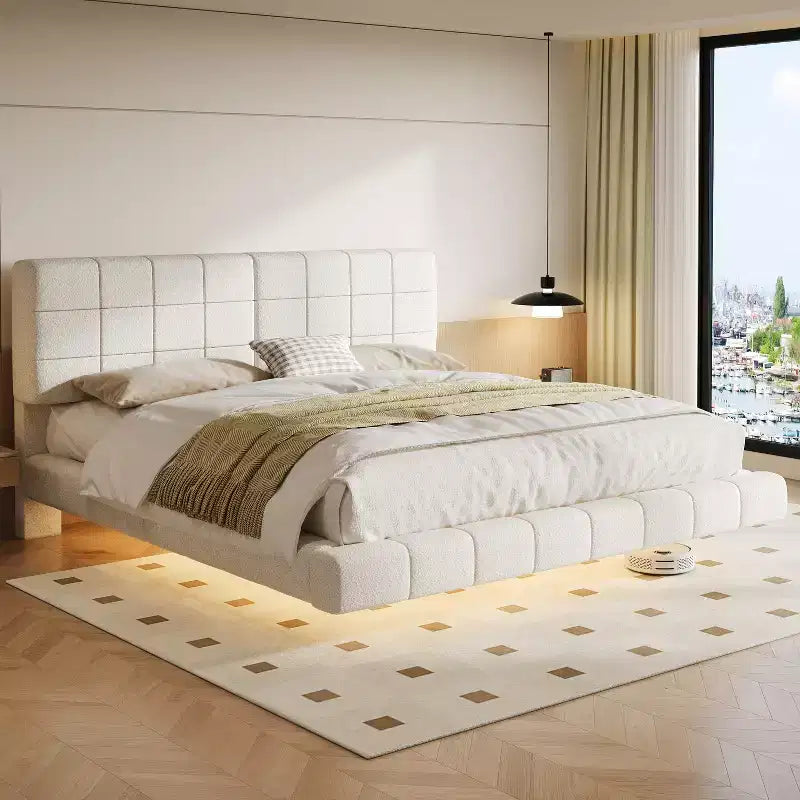 Cadre de lit plateforme rembourré Queen/King Size Lit flottant avec lumière et tête de lit, blanc - ModernLuxe