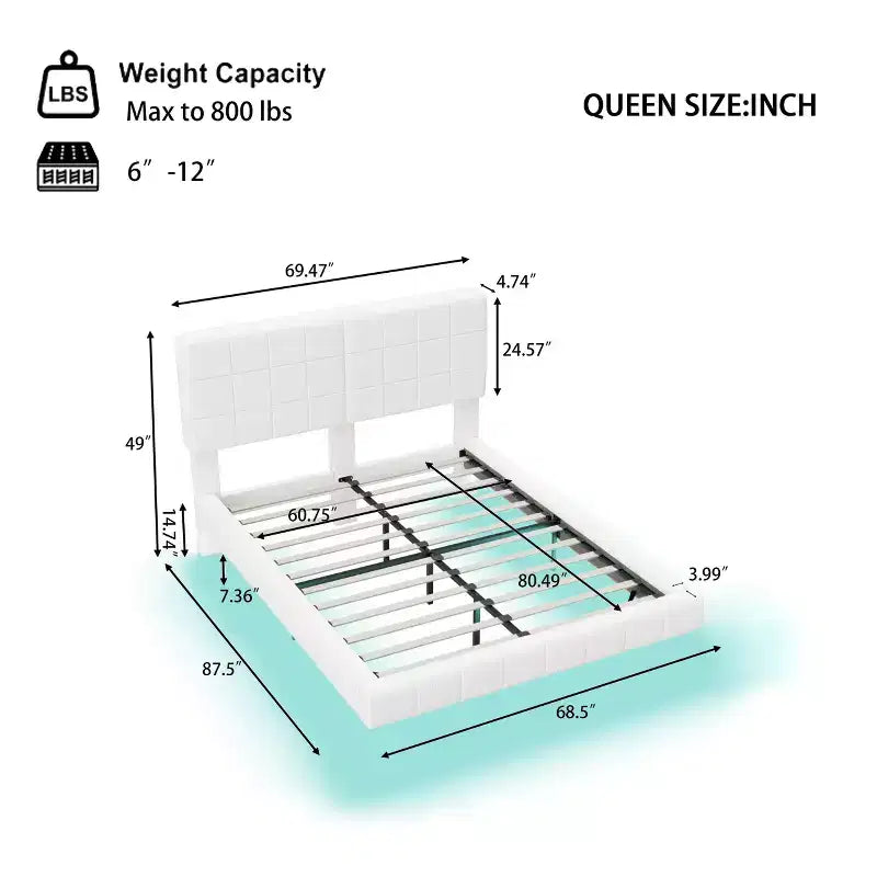 Cadre de lit plateforme rembourré Queen/King Size Lit flottant avec lumière et tête de lit, blanc - ModernLuxe