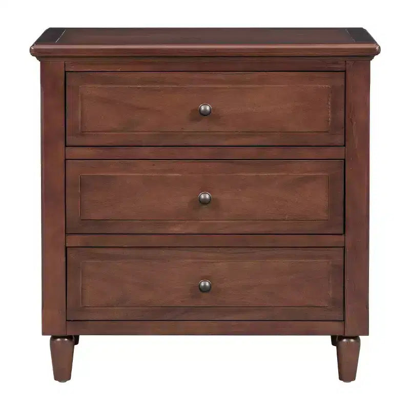 Table de chevet moderne à 3 tiroirs, meuble élégant avec poignées métalliques et pieds en bois d'hévéa - Panipeachy