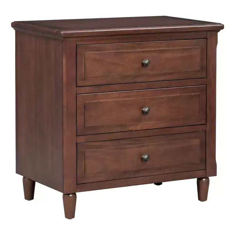 Table de chevet moderne à 3 tiroirs, meuble élégant avec poignées métalliques et pieds en bois d'hévéa - Panipeachy