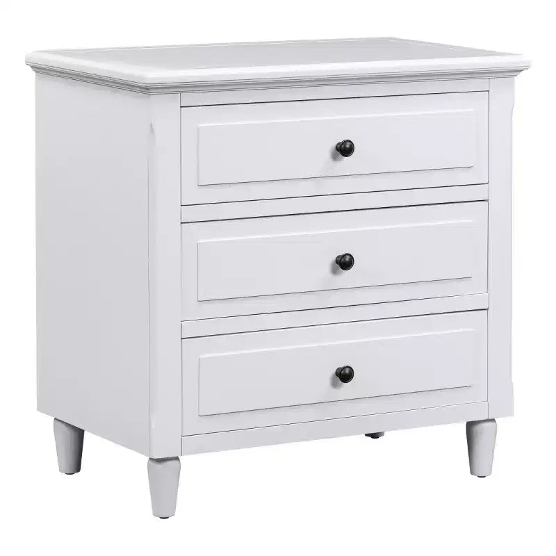 Table de chevet moderne à 3 tiroirs, meuble élégant avec poignées métalliques et pieds en bois d'hévéa - Panipeachy