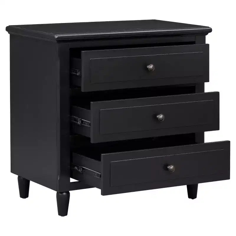 Table de chevet moderne à 3 tiroirs, meuble élégant avec poignées métalliques et pieds en bois d'hévéa - Panipeachy