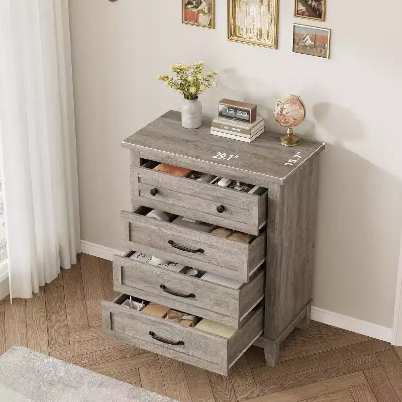 Table de chevet de chambre à 4 tiroirs, commode verticale de 88,4 cm avec grand espace de rangement, coffre de rangement en bois autoportant pour salon et salle à manger