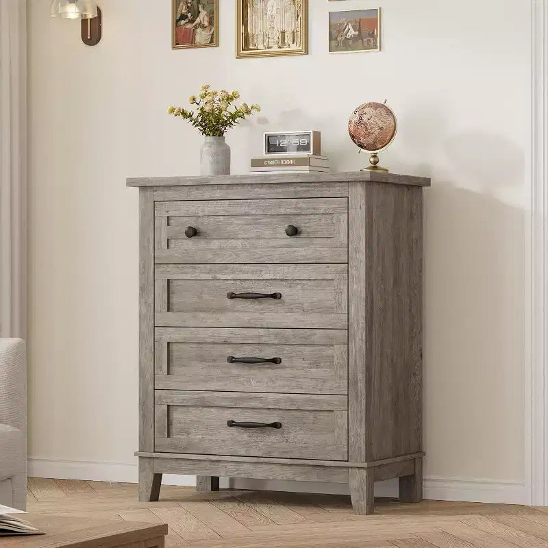 Table de chevet de chambre à 4 tiroirs, commode verticale de 88,4 cm avec grand espace de rangement, coffre de rangement en bois autoportant pour salon et salle à manger