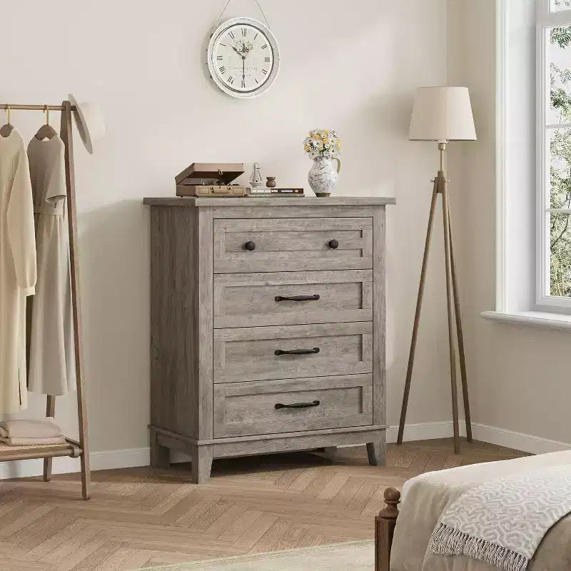 Table de chevet de chambre à 4 tiroirs, commode verticale de 88,4 cm avec grand espace de rangement, coffre de rangement en bois autoportant pour salon et salle à manger