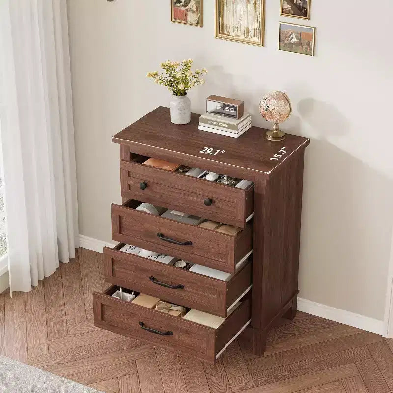 Table de chevet de chambre à 4 tiroirs, commode verticale de 88,4 cm avec grand espace de rangement, coffre de rangement en bois autoportant pour salon et salle à manger