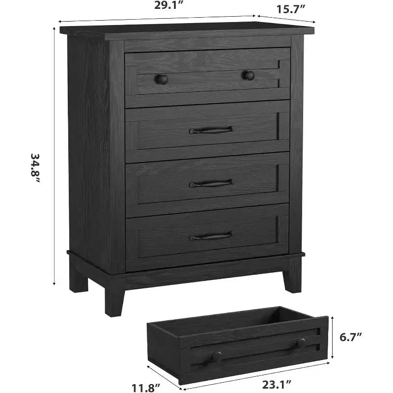 Table de chevet de chambre à 4 tiroirs, commode verticale de 88,4 cm avec grand espace de rangement, coffre de rangement en bois autoportant pour salon et salle à manger