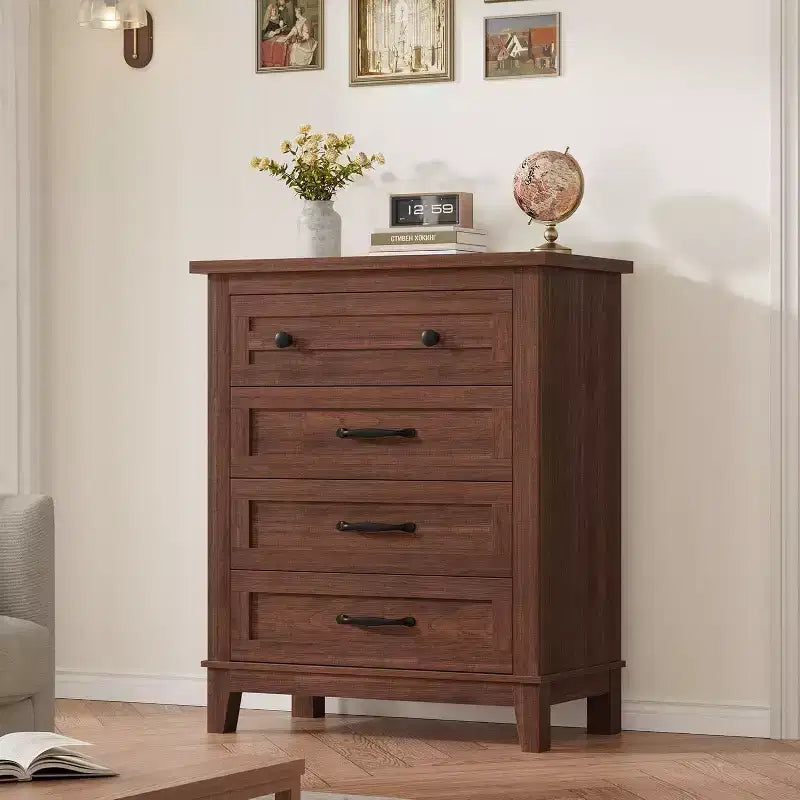 Table de chevet de chambre à 4 tiroirs, commode verticale de 88,4 cm avec grand espace de rangement, coffre de rangement en bois autoportant pour salon et salle à manger