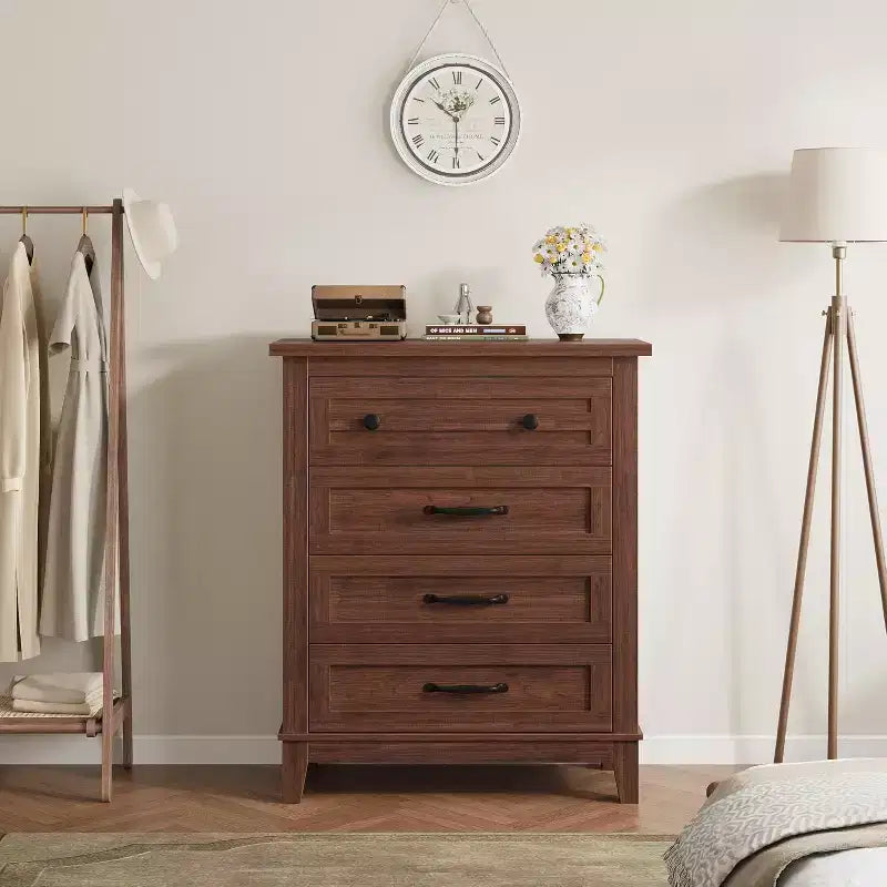 Table de chevet de chambre à 4 tiroirs, commode verticale de 88,4 cm avec grand espace de rangement, coffre de rangement en bois autoportant pour salon et salle à manger