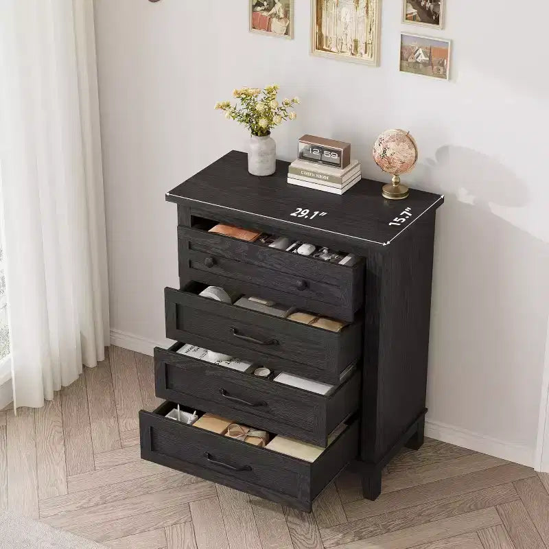 Table de chevet de chambre à 4 tiroirs, commode verticale de 88,4 cm avec grand espace de rangement, coffre de rangement en bois autoportant pour salon et salle à manger