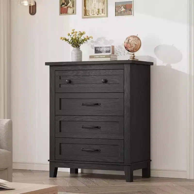 Table de chevet de chambre à 4 tiroirs, commode verticale de 88,4 cm avec grand espace de rangement, coffre de rangement en bois autoportant pour salon et salle à manger