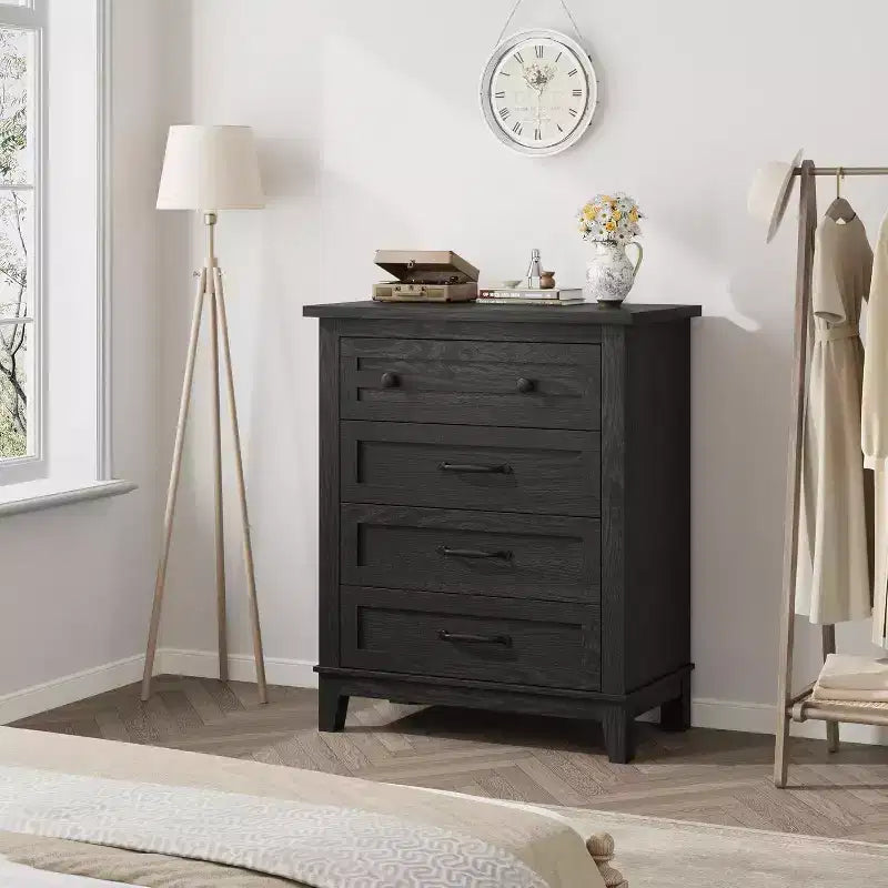 Table de chevet de chambre à 4 tiroirs, commode verticale de 88,4 cm avec grand espace de rangement, coffre de rangement en bois autoportant pour salon et salle à manger