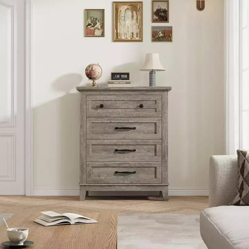 Table de chevet de chambre à 4 tiroirs, commode verticale de 88,4 cm avec grand espace de rangement, coffre de rangement en bois autoportant pour salon et salle à manger