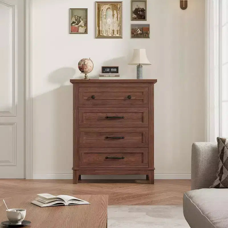 Table de chevet de chambre à 4 tiroirs, commode verticale de 88,4 cm avec grand espace de rangement, coffre de rangement en bois autoportant pour salon et salle à manger