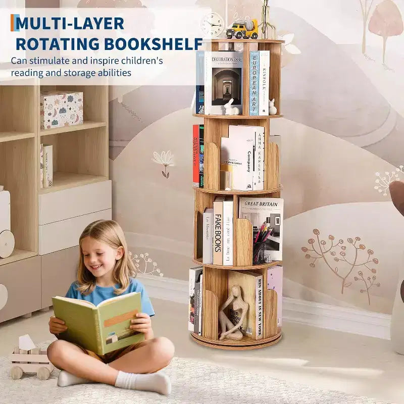 Bibliothèque tournante Acekool à 4 niveaux, étagère d'angle rotative à 360° en bois pour petits espaces, tour de présentation pivotante pour chambre, salon