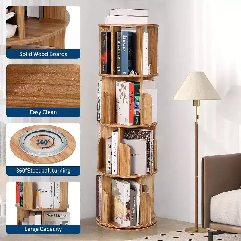 Bibliothèque tournante Acekool à 4 niveaux, étagère d'angle rotative à 360° en bois pour petits espaces, tour de présentation pivotante pour chambre, salon