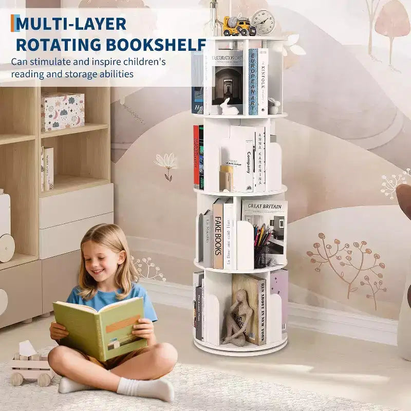 Bibliothèque tournante Acekool à 4 niveaux, étagère d'angle rotative à 360° en bois pour petits espaces, tour de présentation pivotante pour chambre, salon