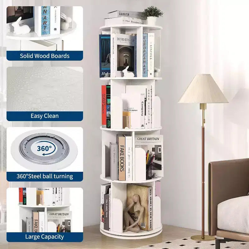 Bibliothèque tournante Acekool à 4 niveaux, étagère d'angle rotative à 360° en bois pour petits espaces, tour de présentation pivotante pour chambre, salon