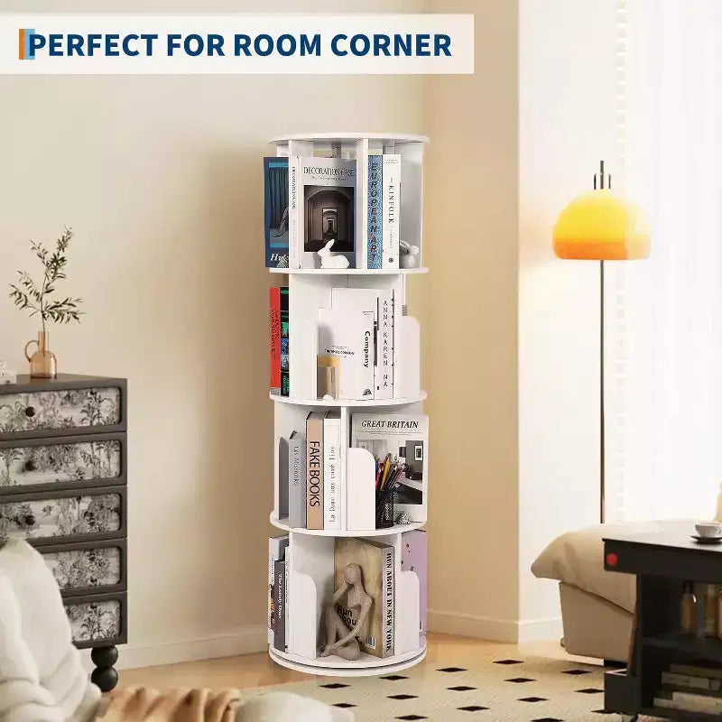 Bibliothèque tournante Acekool à 4 niveaux, étagère d'angle rotative à 360° en bois pour petits espaces, tour de présentation pivotante pour chambre, salon