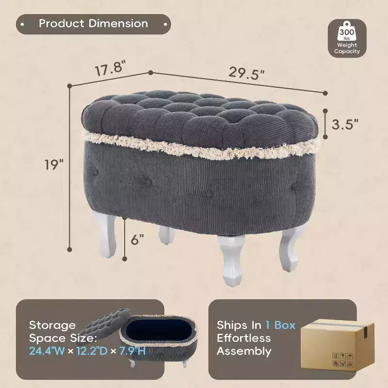 Banc de rangement Okak moderne en velours côtelé capitonné avec compartiment caché, tabouret ottoman rembourré pour chambre à coucher, entrée