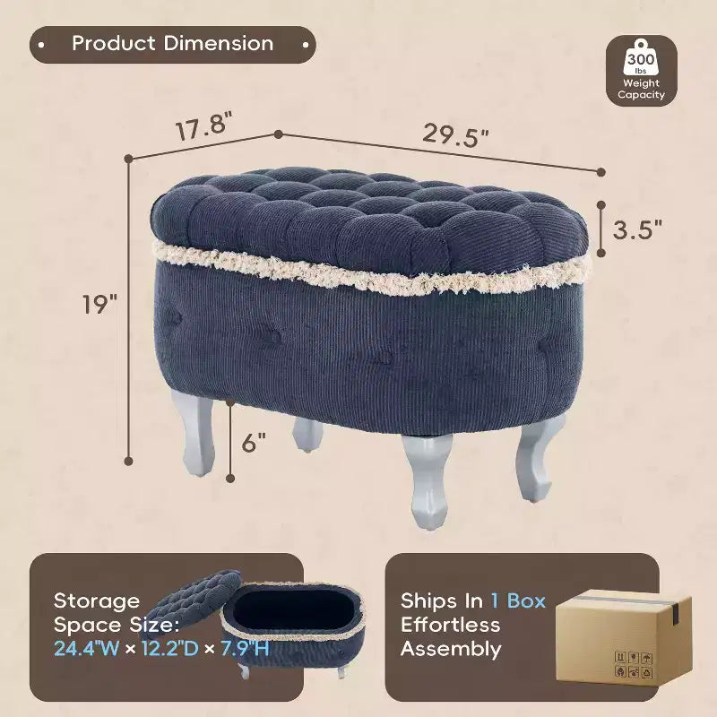 Banc de rangement Okak moderne en velours côtelé capitonné avec compartiment caché, tabouret ottoman rembourré pour chambre à coucher, entrée