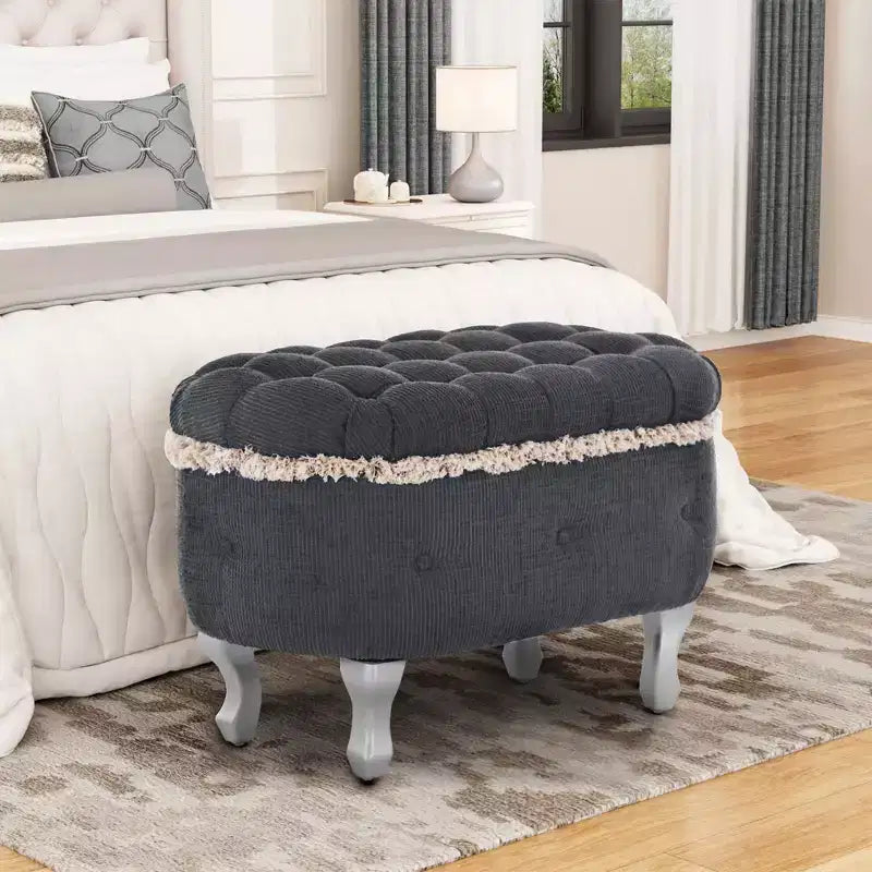 Banc de rangement Okak moderne en velours côtelé capitonné avec compartiment caché, tabouret ottoman rembourré pour chambre à coucher, entrée