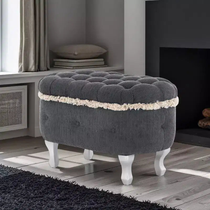 Banc de rangement Okak moderne en velours côtelé capitonné avec compartiment caché, tabouret ottoman rembourré pour chambre à coucher, entrée